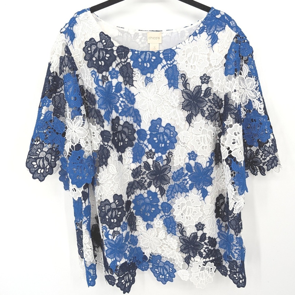 Chicos Blouse Women XL Blue Floral Crochet Lace Short Sleeve Lined Top Garden